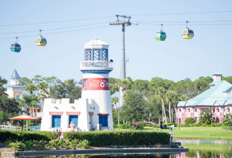 Skyliner gondolas overhead at the Caribbean Beach Resort