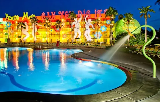 Pop Century's Hippy Dippy pool at nighttime