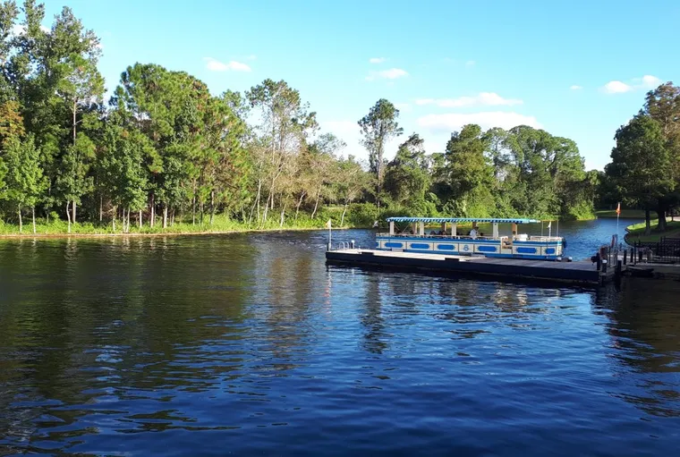 A water taxi moored at Port Orleans French Quarter at Disney World